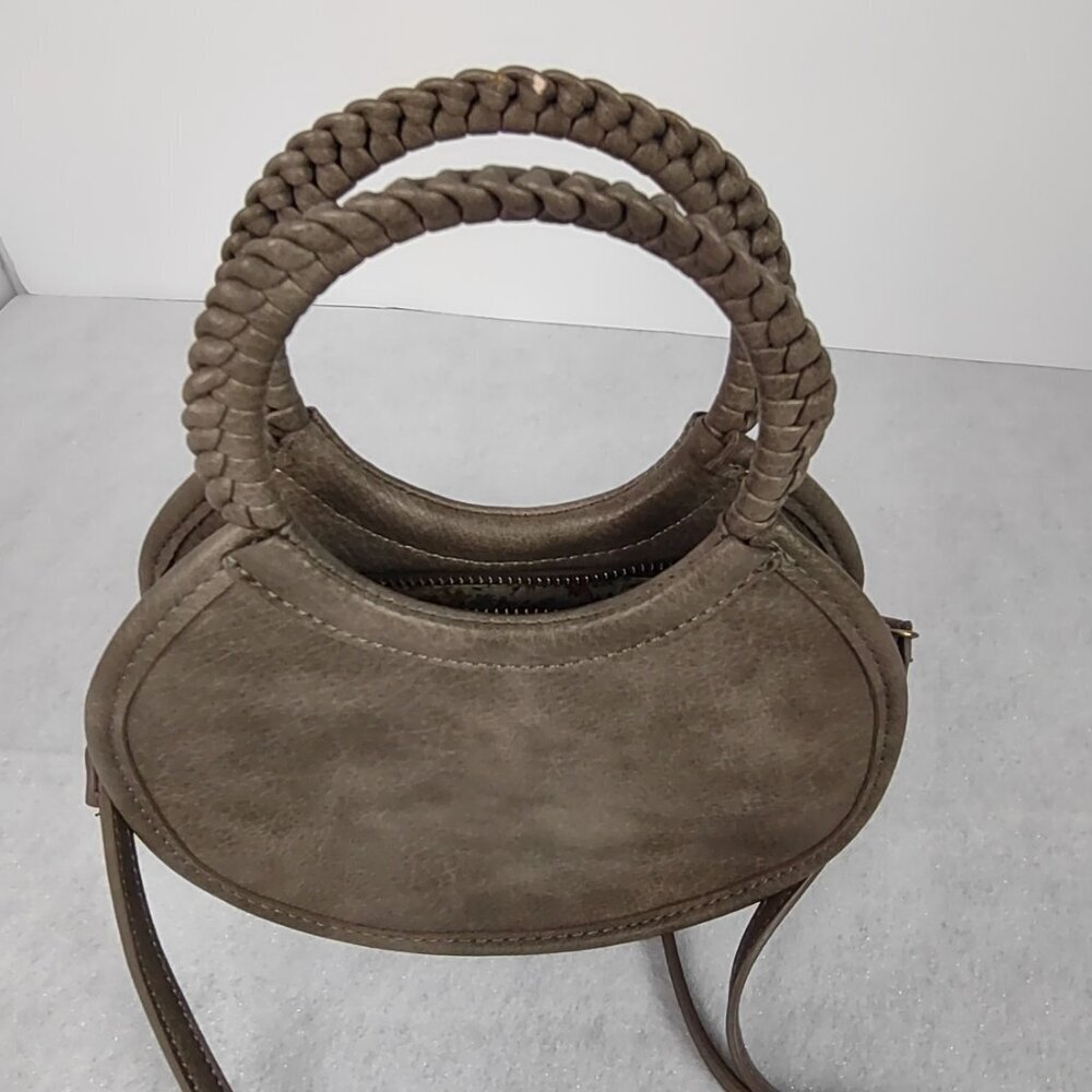 Antik Kraft Round Crossbody Bag Gray Brown Faux Leather Braided Handle - Picture 2 of 14